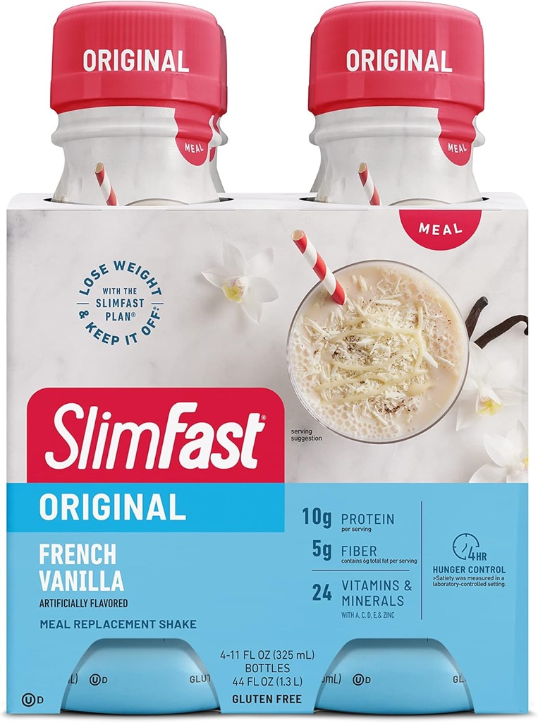 Remplacement de repas SlimFast Shake, Vanille française originale, 10g de protéines prêtes à boire pour la perte de poids, 11 Fl. Oz bouteille, 4 Compte (Emballage May Vary)