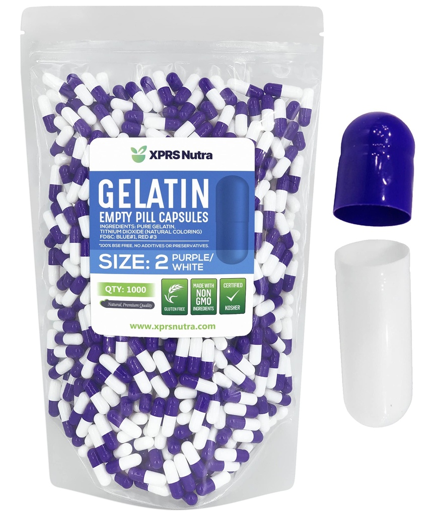 XPRS Nutra Size 2 Capsule Vuoti - 1000 Conta Capsule Gelatini Vuoti - Pillole Riempimento Capsule fai da te - Pure Bovine Pill Gel Caps per Do-It-Yourself Supplements (Purple/White)