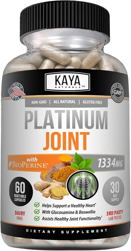 Kaya Naturals Platinum - Nature Made Bioperine, Glucosamin, Kurkuma mit Boswellia, Gesunde Antioxidantien Eigenschaften, Kurkuma 1334mg - 60 Kapseln