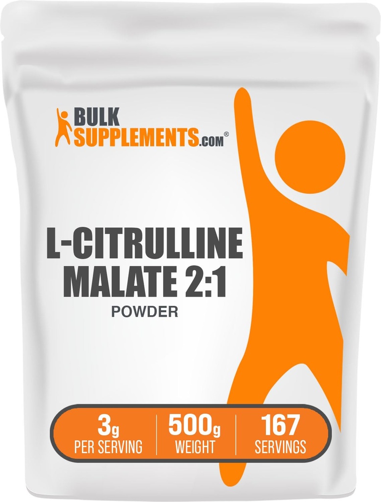 BulkSupplements.com Malate de L-Citrulline 2:1 Poudre - Boost de l'oxyde nitrique, supplément de malate de citrulline - Sans aromatisé et sans gluten - 3g par portion, 500g (1,1 lb) (paquet de 1)