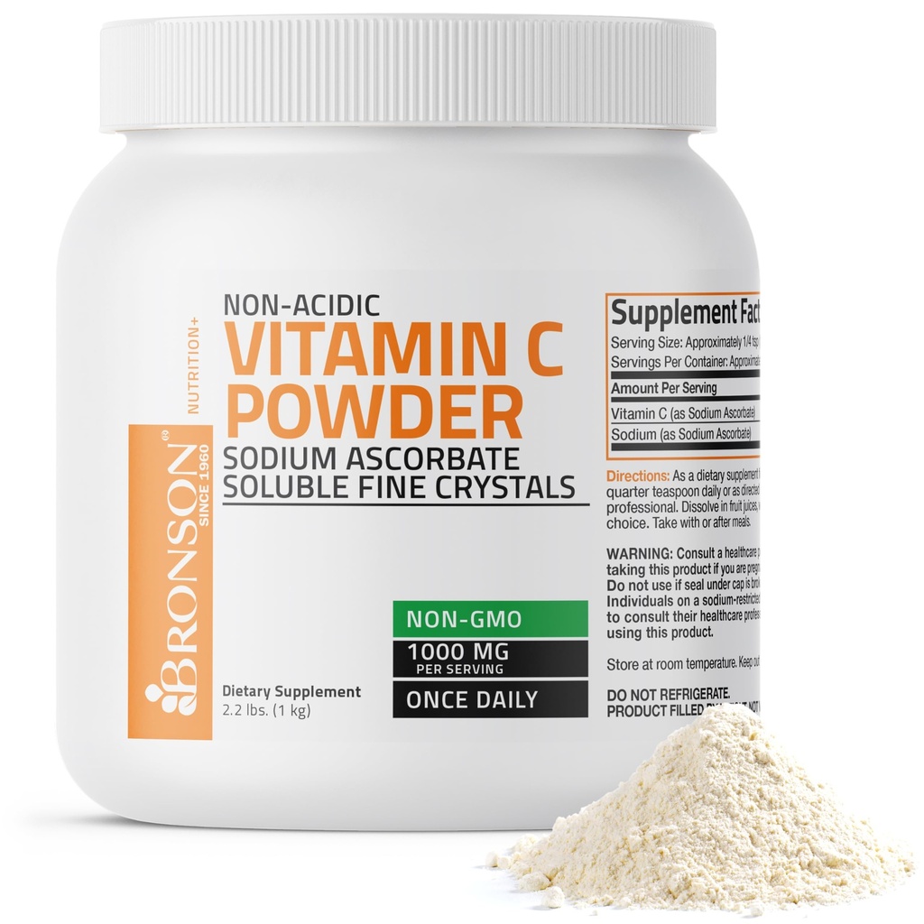 Bronson Non Acidic Vitamin C Pulver Sodium Ascorbate Non GMO Soluble Fine Crystals - Gesundes Immunsystem, Antioxidans und Zellschutz, 1 Kilogramm (2.2 lbs, 35.3 Unzen)