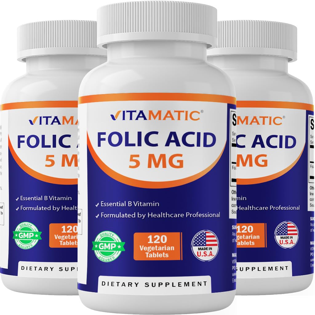Vitamatic Folic Acid 5mg (5000 mcg) – 120 Vegetarische Tabletten pro Flasche – Vitamin B9 (Folate) – 3-Pack | Gesamt 360 Tabletten