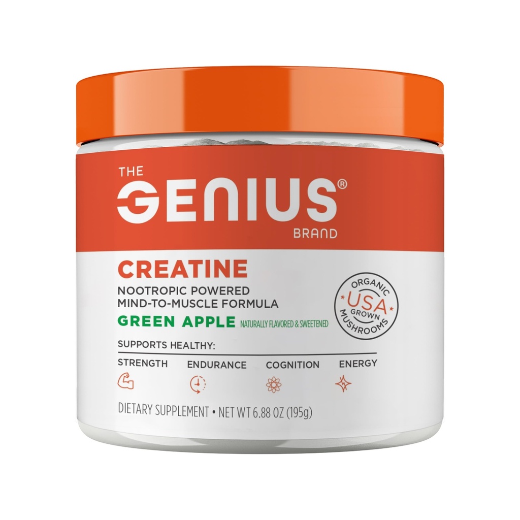 Genius Micronized Creatine Monohydrat-Pulver, Post Workout-Ergänzung, Grüner Apfel - 100% Natürlich aromatisiert und gesüßt - Unterstützt Muskelaufbau, Cellular Energy & Cognitive Function – 195g
