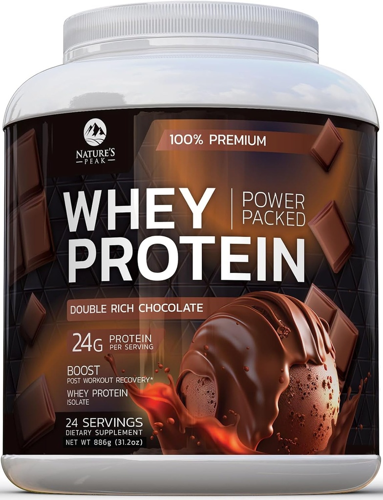 Premium 100% Whey Protein Powder 24g, Double Rich Chocolate, Advanced Isolate Protein for Muscle Gain, Recovery & Immune System Support, No Aggiunto Sugar, For Shakes & Chocolate Smoothies - 24 Servings