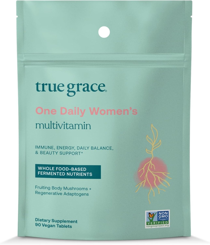 True Grace One Daily Women’s Multivitamin Fermented Minerals, Organic Adaptogens & Pilze Ganzkörper Balance, Immune, Energie, Beauty Support - Non-GMO, Gluten Free, Soy Free - 90 Vegan Tablets