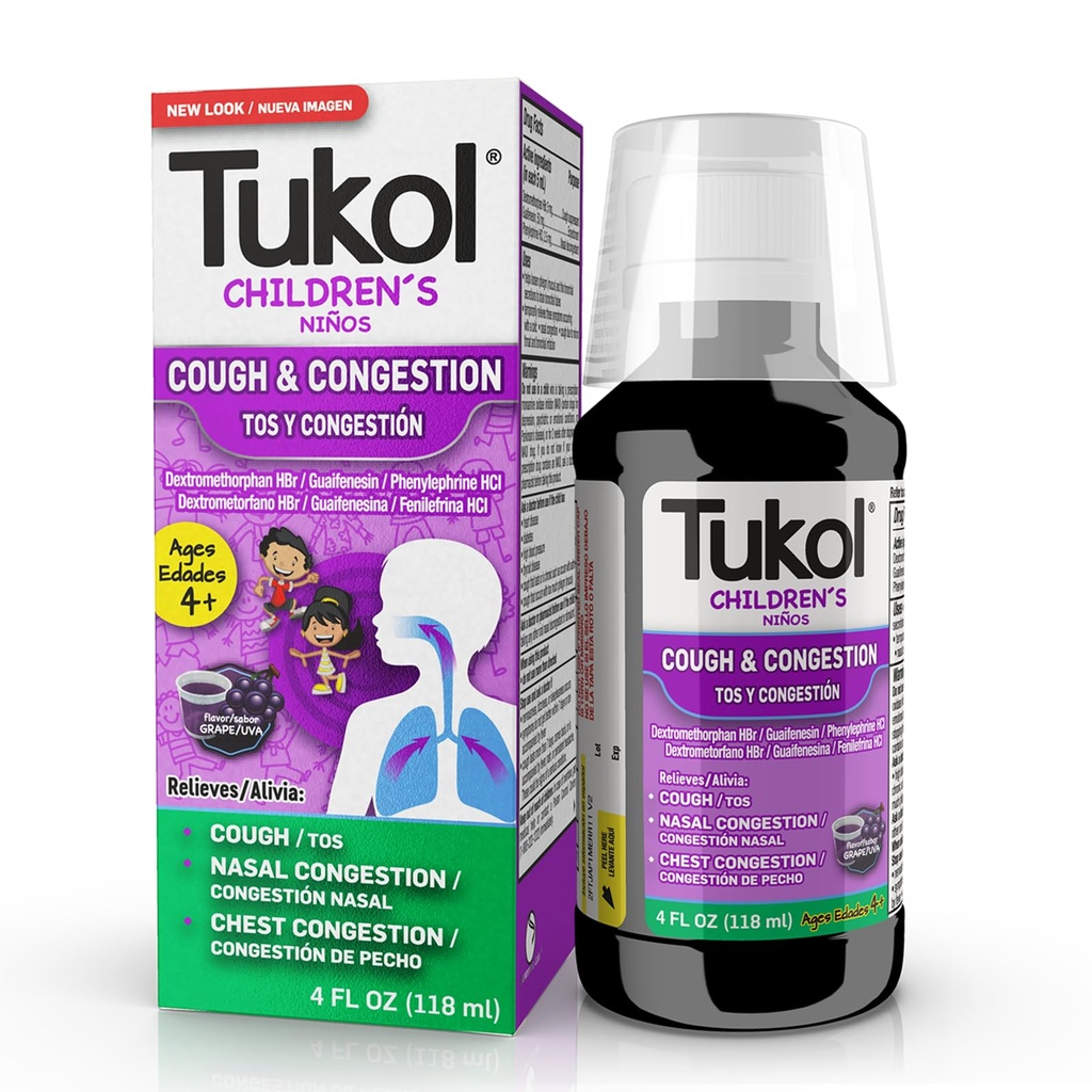 TUKOL Kinder Hustenmedizin - Cough & Congestion Relief, Chestal Cough Suppressant für Kinder, Kinderkälte und Hustenmedizin, Kinder Husten Syrup für Alter 4 + Trauben Flavor 4 FL OZ