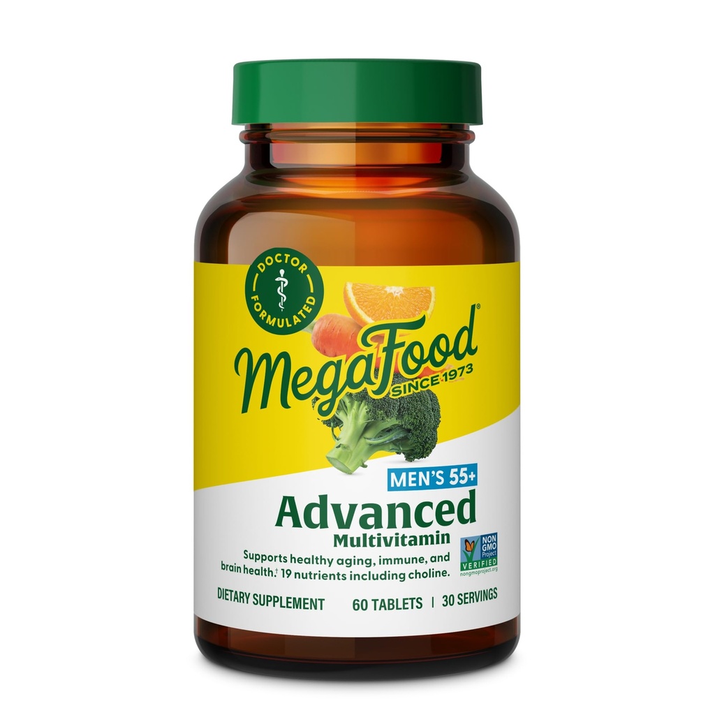 Multivitamine avancée pour hommes 55+ MegaFood - Formulé par un médecin - Choline, Vitamine D, Vitamine B12 – Plus Véritable alimentation – Supplément santé cérébrale pour adultes et soutien immunitaire - 60 onglets (30 portions)