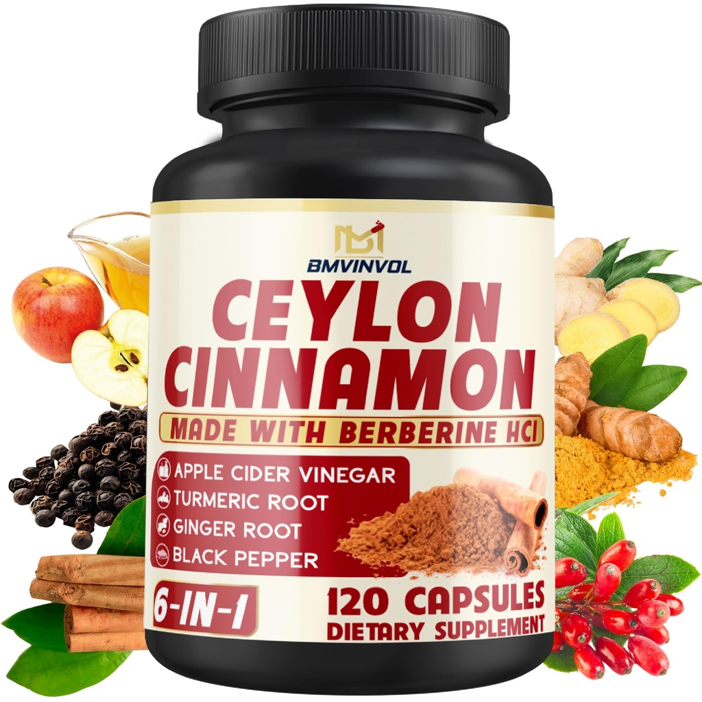Ceylon Cinnamon Kapseln mit Berberine HCl, Apfel Apfelessig, Turmeric, Ginseng, Schwarzer Pfeffer - 6in1 zur Unterstützung Immunfunktion - 120 Zähler
