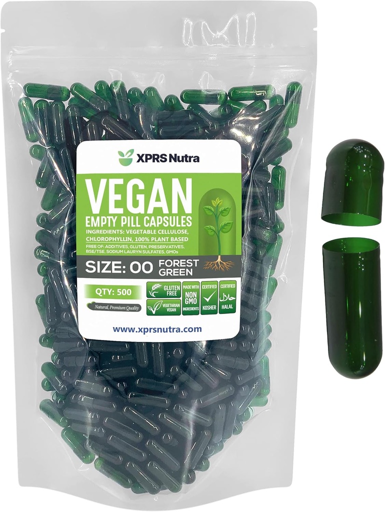 XPRS Nutra Größe 00 Leere Kapseln - 500 Zähler leere vegane Kapseln - Vegetarische leere Pillen - DIY Gemüse Kapsel Füllung- Veggie Pillen Caps (Forest Green)