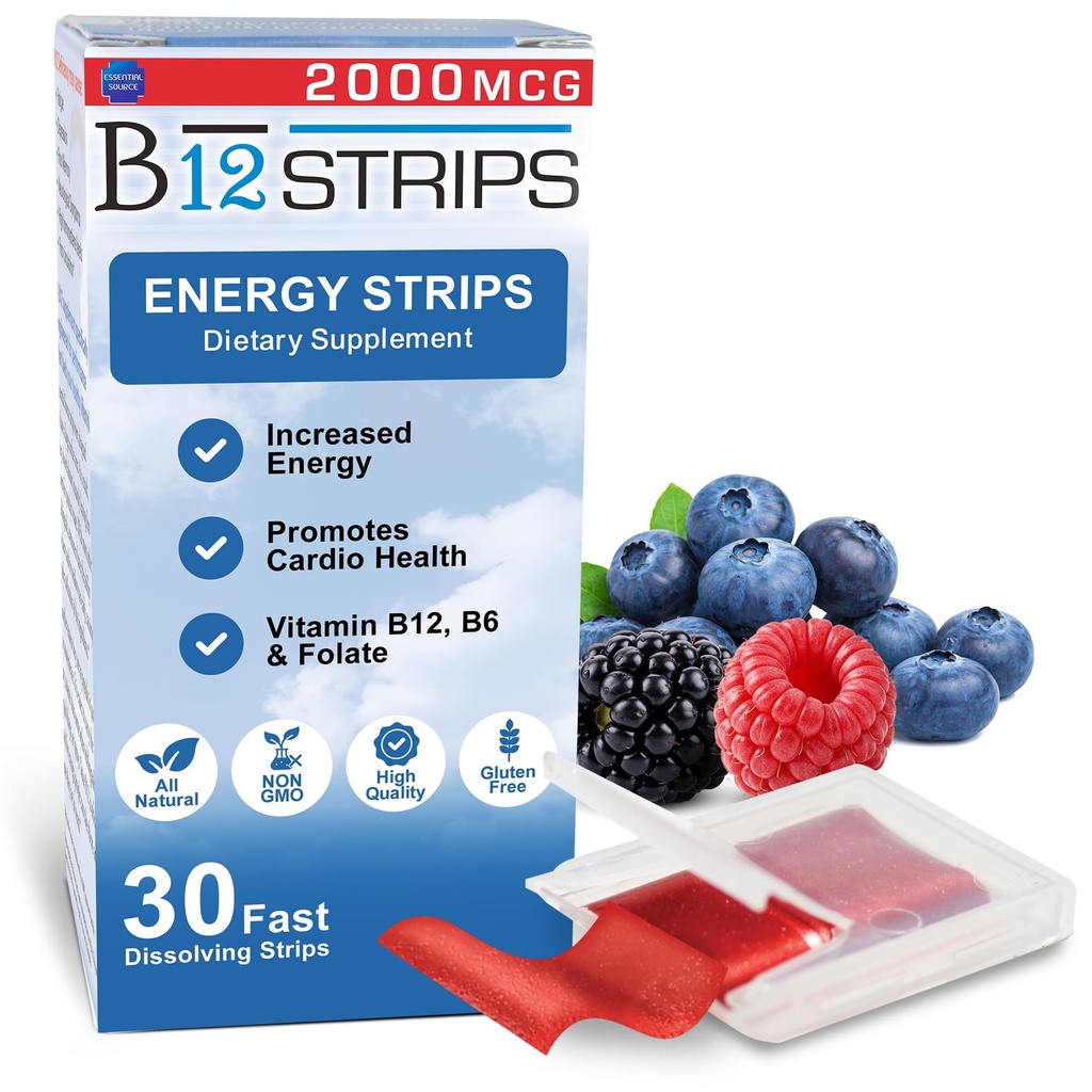 Fonte essenziale 2.000 mcg Methylcobalamin Vitamina B12 strisce di energia sublinguale | Biotina, B6, 5-MTHF L-metilfolato | Vitamine B12 sublinguali, Folate | Energia, Funzione Nerve - 30 strisce