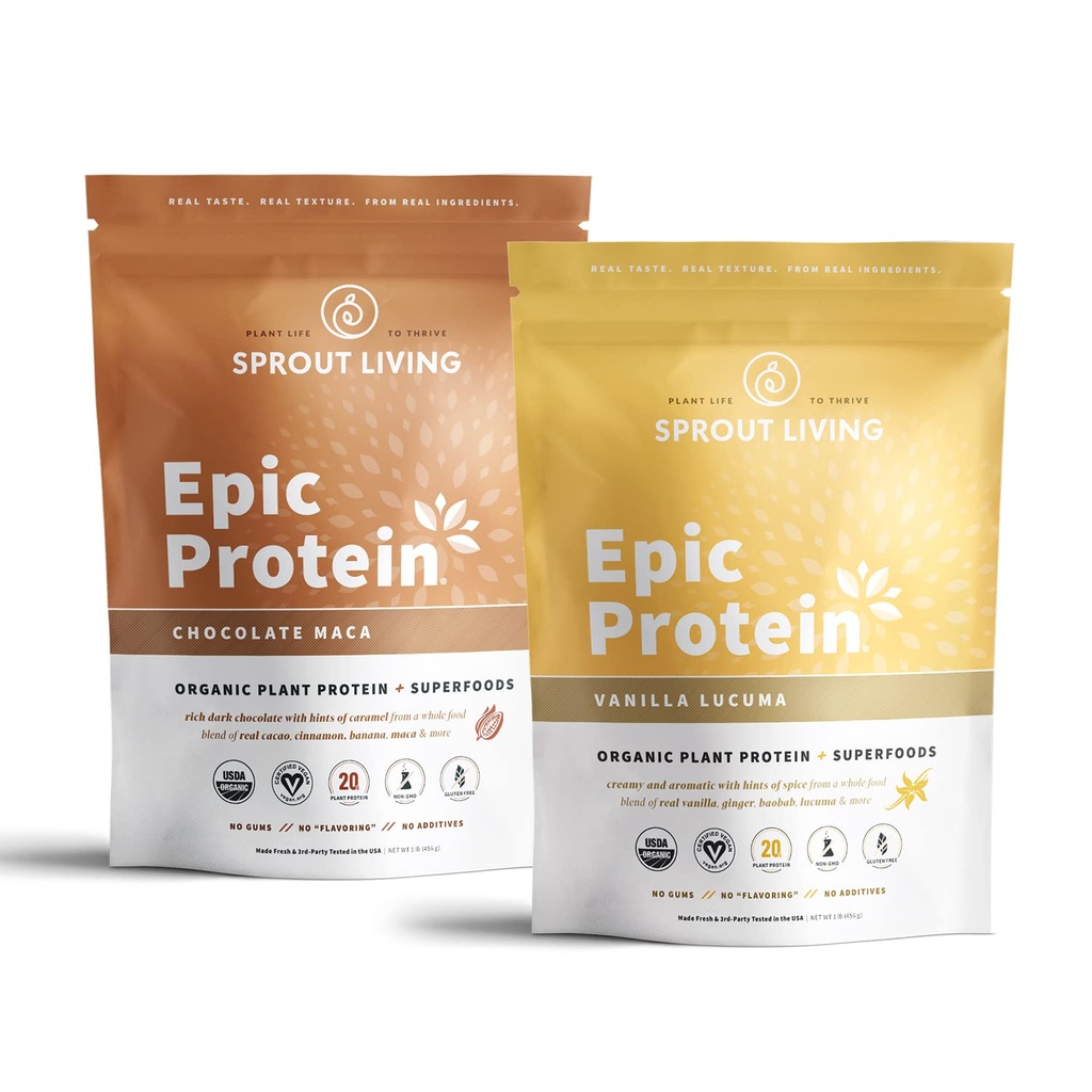 Sprout Living Epic Protein Bundle - Chocolate Maca & Vanilla Lucuma (20g de poudre végétale biologique de protéines, végétalien, sans gluten, superaliments)