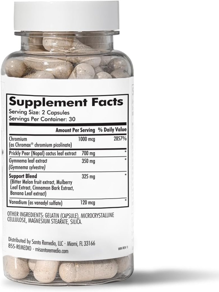Formule exclusive de Santo Remedio avec Nopal, Chromium Picolinate (Chromax), Gurmar (Gymnema Silvestre) et Vanadyl Sulfate. 60 Capsules (30 portions)