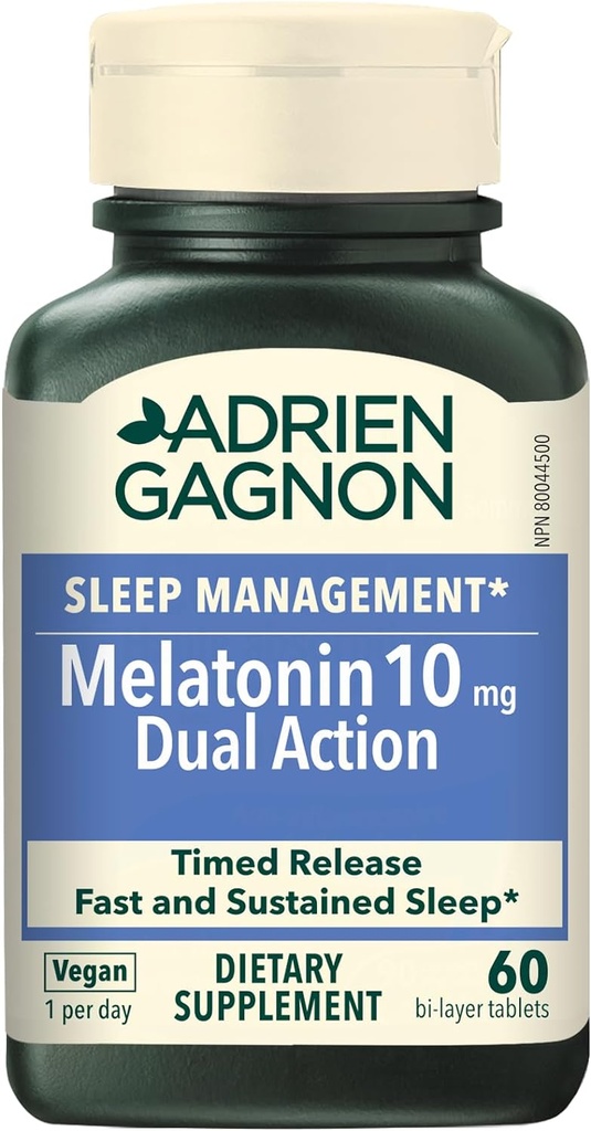 Adrien Gagnon - Melatonin 10mg, Dual Action Time Release Melatonin für Tiefschlaf, natürliche Schlafhilfen für Erwachsene Extrastärke, 60 Vegan Melatonin Fast Dissolve Tablets