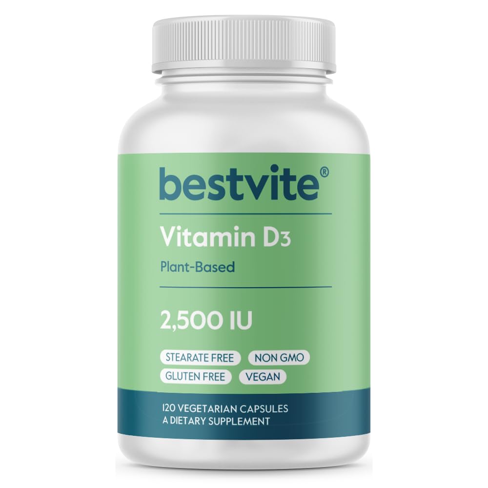 BESTVITE Vitamine végétale D3 2500 UI (120 gélules végétariennes) - Pas de stéarate - Vegan - Non OGM - Sans gluten