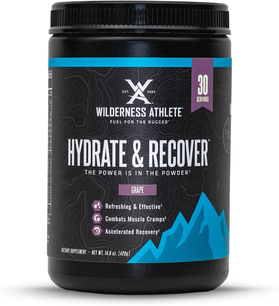 Wilderness Athlete - Hydrate & Recover | Liquid Hydration Powder Electrolyte Drink Mix - Recuperare Più velocemente con Bcaas - Polvere di Hydrate con 1000mg di vitamina C - 30 Serving Tub (Grape)