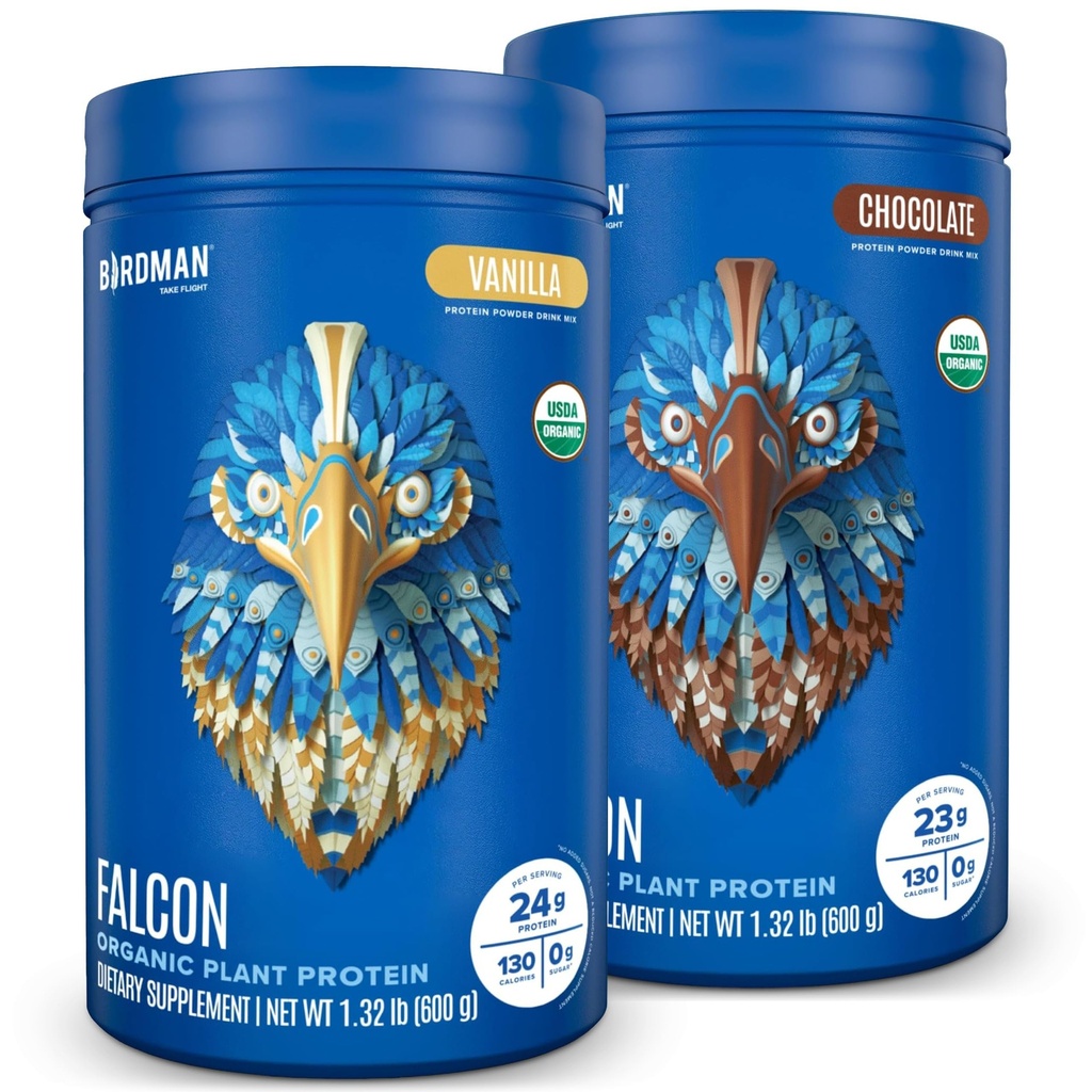 BIRDMAN Falcon Vegan Protein Powder Organic, Stevia & Sugar Free, Plant Based, Low Carb, Dairy Free, Keto, Non Whey, Probiotico, Pea Protein | Combo Pack: Vanilla & Chocolate Flavors - 20 Servings Ciascun