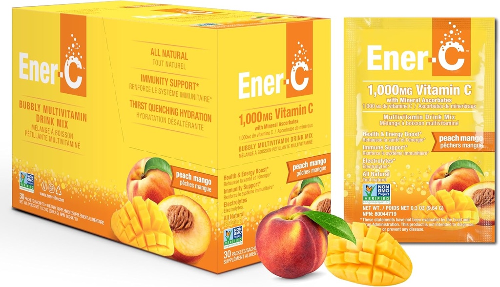 Ener-C Peach Mango Multivitamin bere polvere vitamina C 1000mg & Electrolytes con succo di frutta reale energia naturale & supporto immunitario per le donne & uomini - Non OGM Vegan & Gluten Free - 30 Count