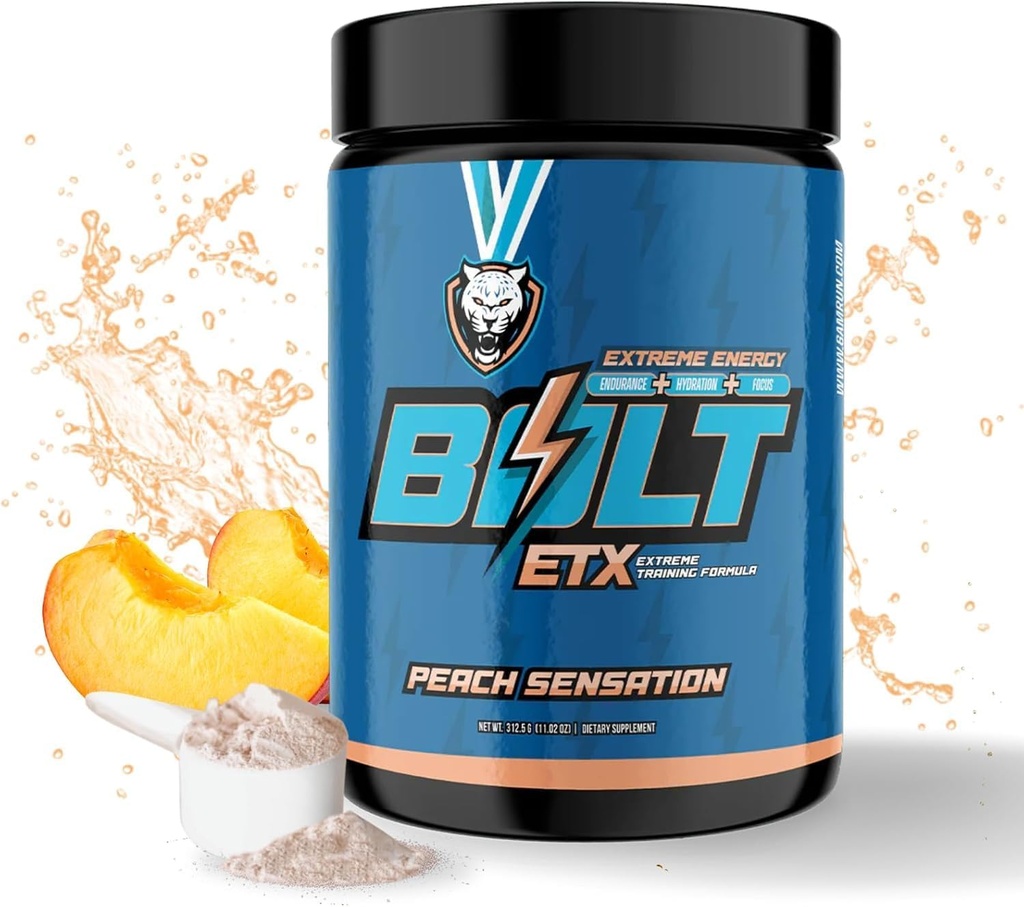 6AM Run Bolt - Poudre de préentraînement pour stimuler l'énergie instantanée pour Cardio et Focus - Pas de jitters, Formule de conditionnement haute énergie - Tous naturels, Keto, Vegan (Peach Sensation)
