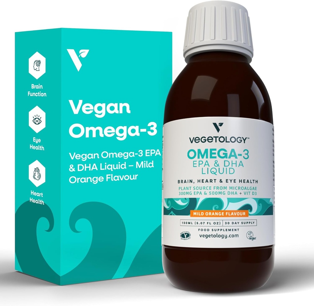 Vegan Omega 3 Liquid, von Microalgae, 800mg von EPA DHA, mit Vitamin D3, unterstützt Herz, Gehirn und Augengesundheit, natürliche Fischöl Alternative, UK Made, Mild Orange Flavoured