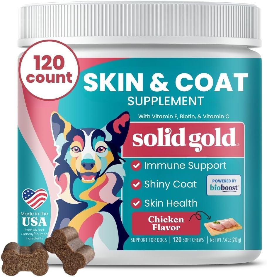 Huile de poisson Omega 3 d'or massif pour chiens Chews tendres - Omega 3 d'amour du poulet pour la peau des chiens et la santé des manteaux - Vitamine C, E & Biotin Chews pour la peau sèche, le soutien immunitaire et le soulagement des démangeaisons pour chiens - Tous les âges 120ct
