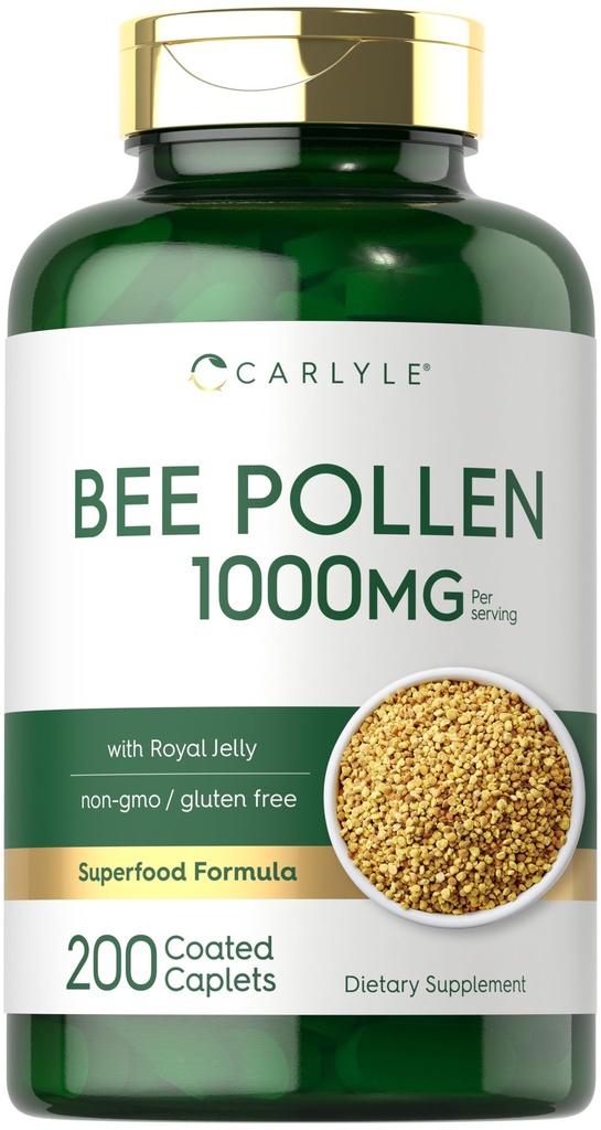Carlyle Bee Pollen Supplement | 1000mg | 200 Caplets | mit Gelée Royale und Bee Propolis | für Männer und Frauen | Vegetarisch, Nicht-GVO, glutenfrei