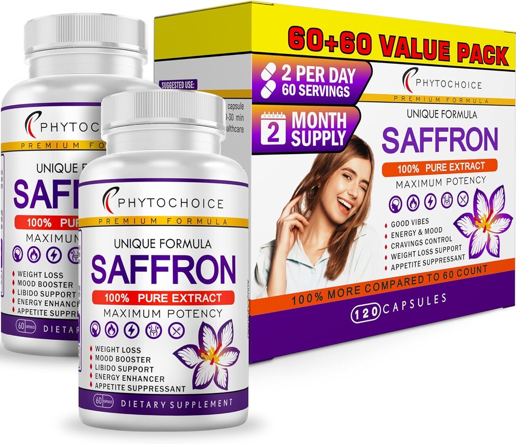 Suppléments de safran - 100% Pure Safran Extract Capsules - Boost Energy & Mood, Focus, Vision, Soutien Eye, Retina, and Lens Health, Soutien Heart Health for Women & Men - Fabriqué aux États-Unis - 120 Capsules
