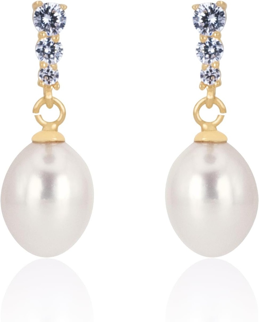 18K Vergoldetes Sterling Silber Dreieck Weiß Tropfen Handpicked Qualität Süßwasser kultivierte Perlen Hochzeit Ohrringe mit Cubic Zirkonia Kristalle Perlen Braut Ohrringe Schmuck für Braut