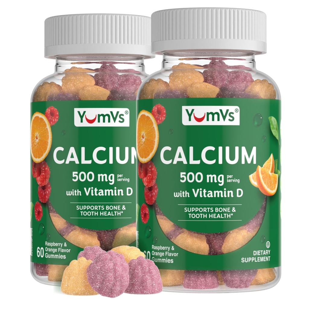 YumVs Calcium 500mg con vitamina D3 - Raspberry & Orange Flavor Calcium Vitamin D Gummies, Chewable Calcium Supplement per bambini e adulti, Vitamina D Calcium Gummies (60 conteggio (Pack of 2))