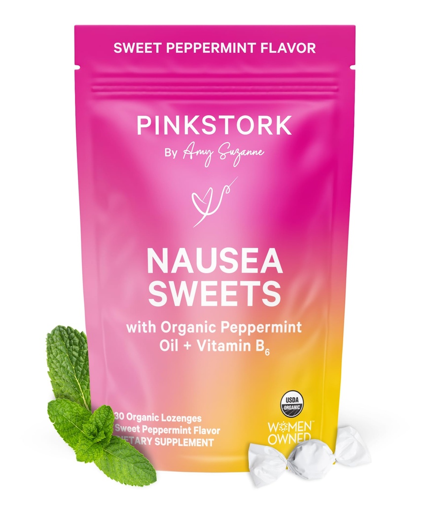 Pink Stork Bio Pfefferminz Süßigkeiten für Morgen Krankheit und Bewegung Krankheit Unterstützung, Hinzugefügt Vitamin B6, 1. Trimester Schwangerschaft Must Haves - 30 Wrapped Peppermint Candies