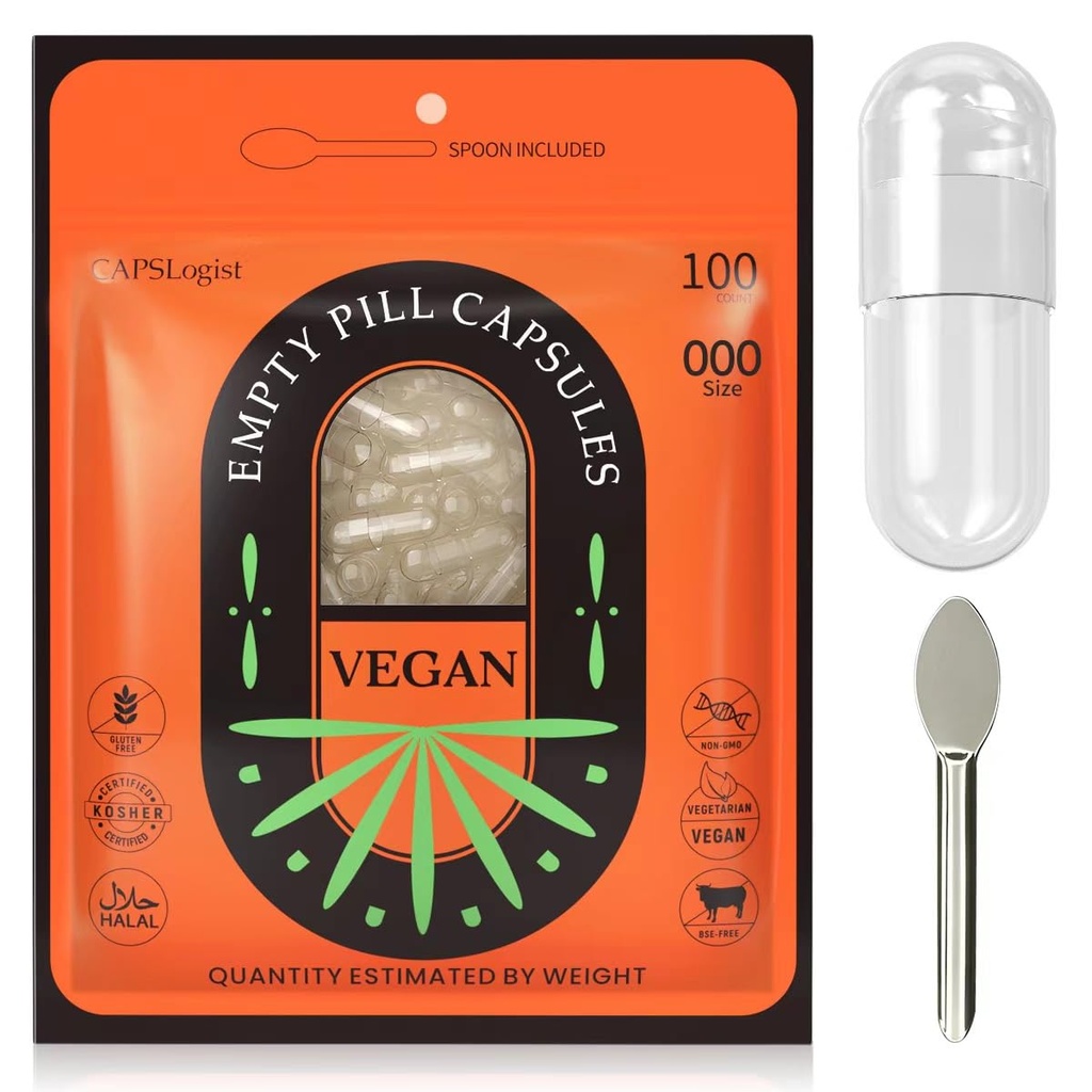 Vegan Empty Pill Capsules Dimensioni 000, 100 Count Clear Empty Capsules con Micro Lab Spoon, Capsule Empty Vegetariani, Fillable Veggie Pill Capsule 000 per Fare I Tuoi Integratori