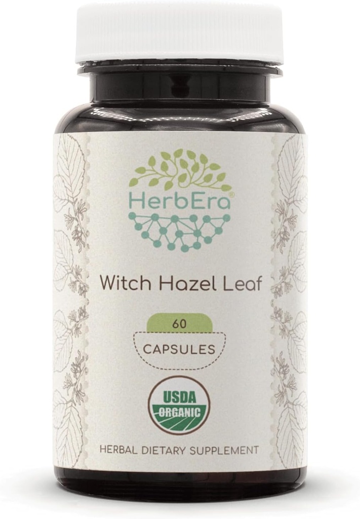 HerbEra Witch Hazel Leaf USDA Organic 60 Capsule | Natural Herbal Supplement | Capsule Vegetariani Organici Certificati e Organic Witch Hazel Leaf (Hamamelis virginiana) Fascia secca (60 Capsule)