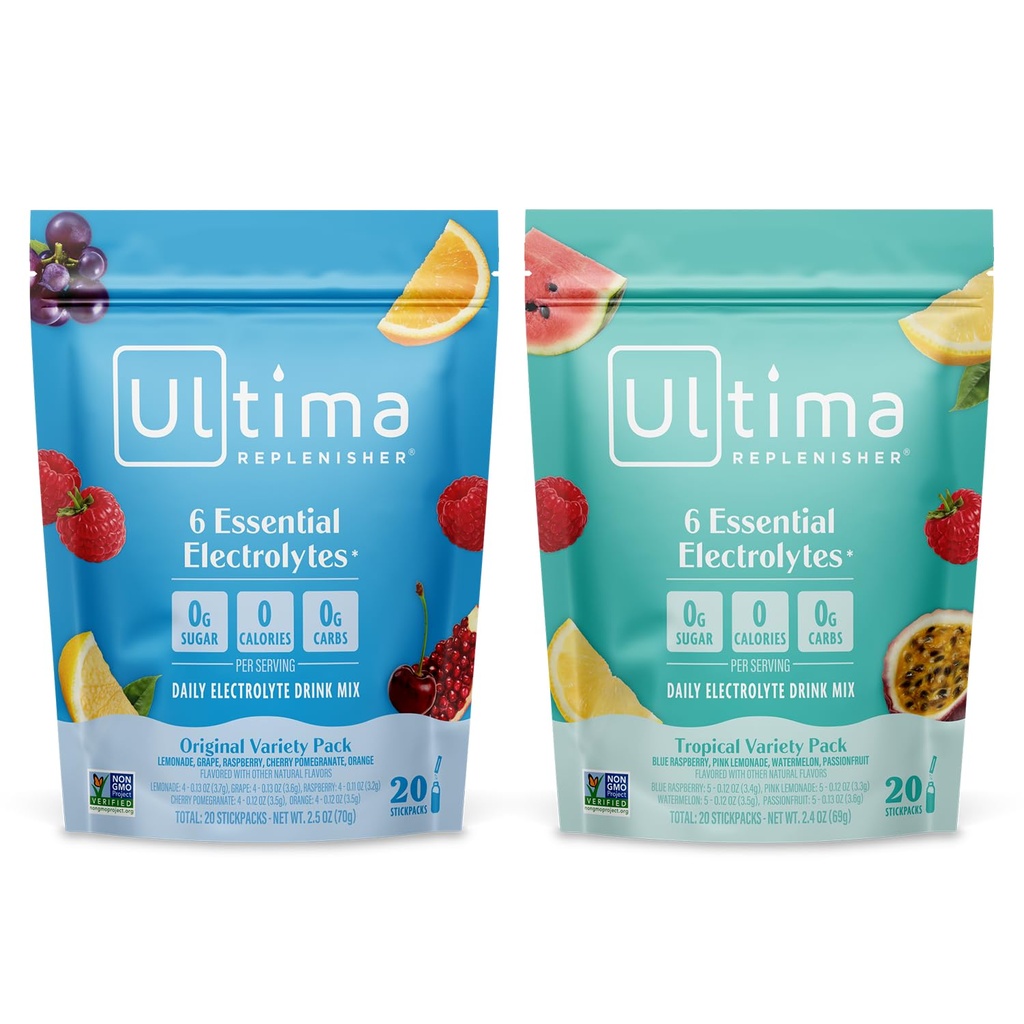Ultima Replenisher Daily Electrolyte Powder Drink Mix – Sugar Free – Tropical Variety und 5-Flavor Variety, 20 Stickpacks – Hydration Packets mit 6 Elektrolyten und Mineralien – Keto, Non-GMO