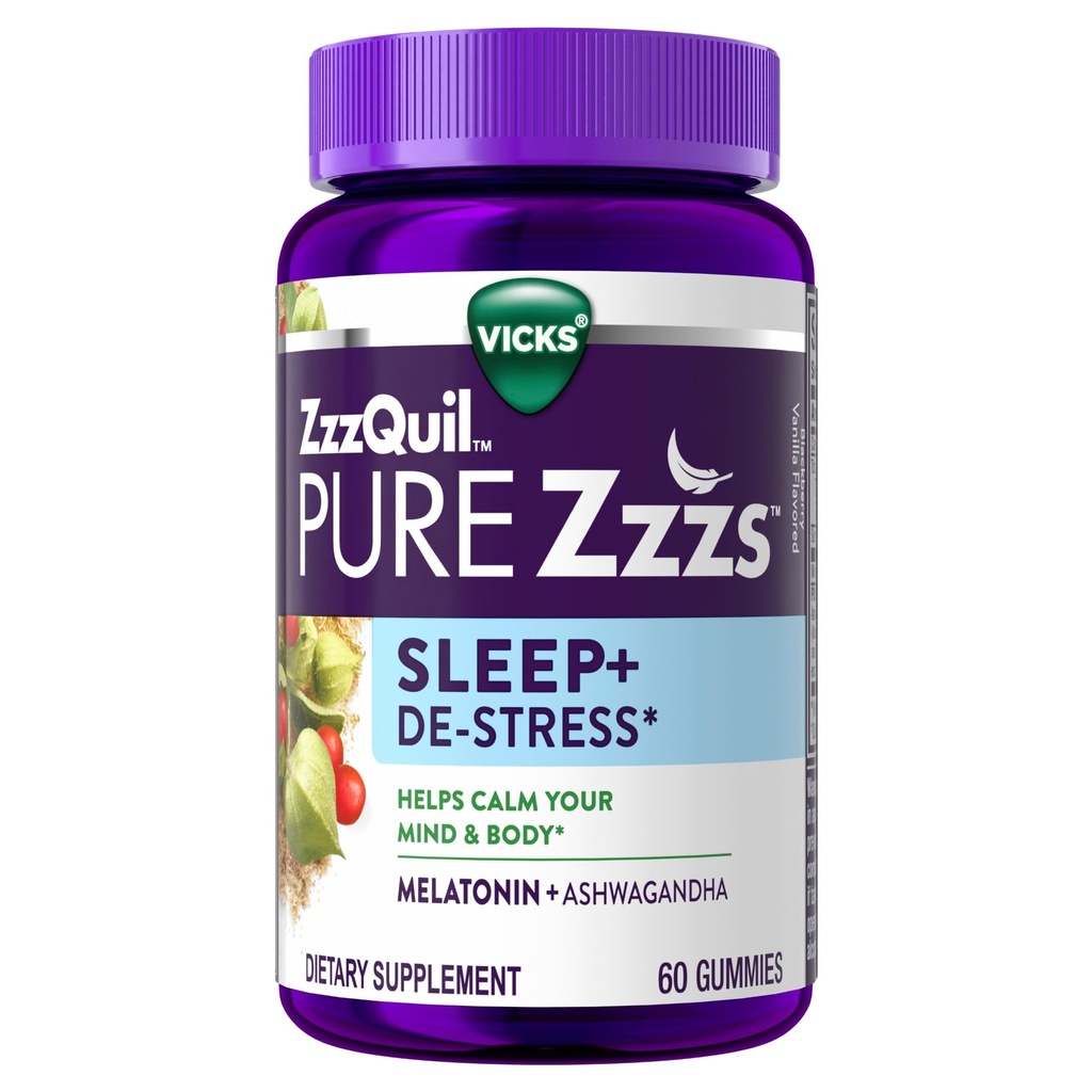 ZzzQuil PURE Zzzs De-Stress 2mg Mélatonine Gommies, , Aide au sommeil pour les adultes, Ashwagandha pour le soutien du stress, 60 Gommies
