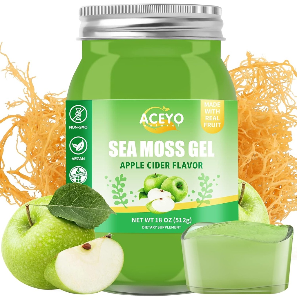 (18 OZ) Irlandese Sea Moss Gel Organic Raw Vegan Apple Flavor 102 Vitamins and Minerals Wild Harvested Non-GMO Immune Defense Booster Thyroid Digestive Support