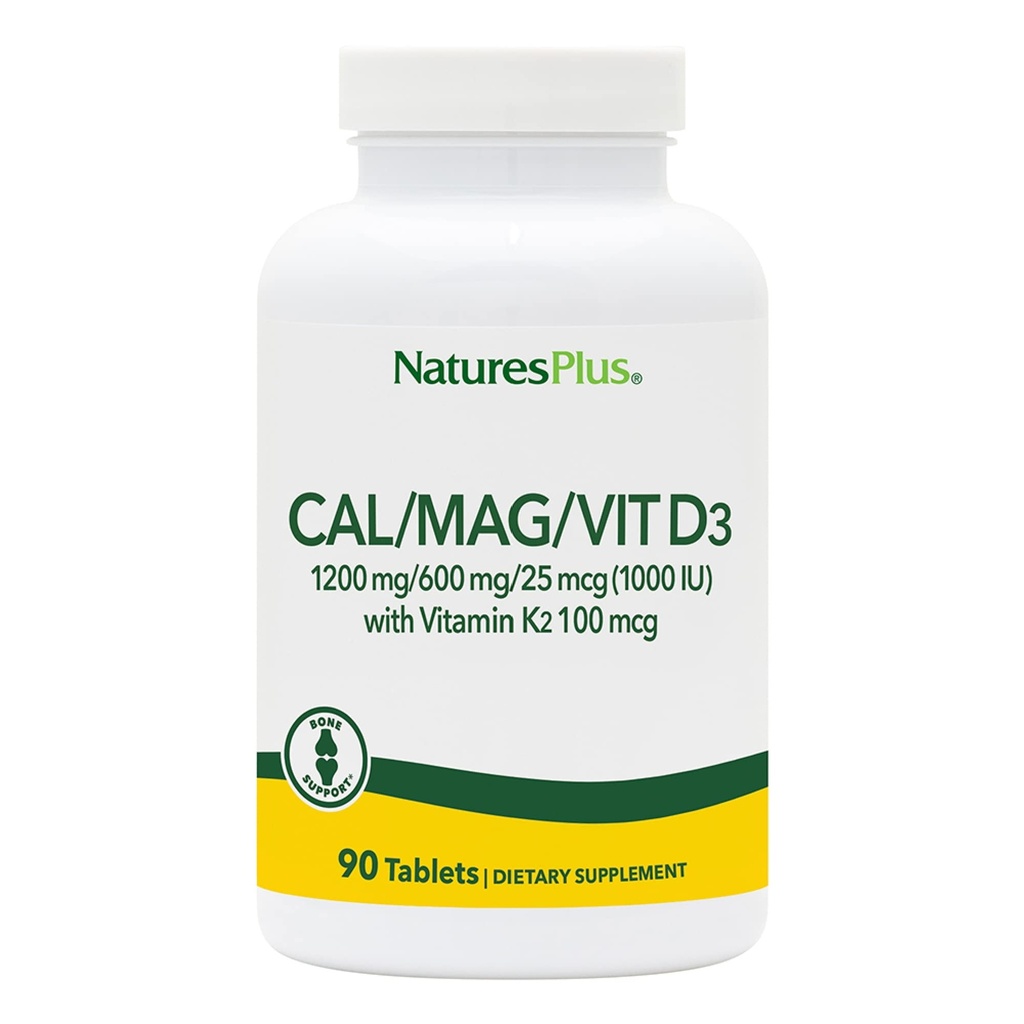 NaturesPlus Calcium/Magnesium/Vitamina D3 con Vitamina K2 - Supporta la Salute Bone & Immune - Vegetariano, Senza Glutine - 90 compresse - 22.5 Serve
