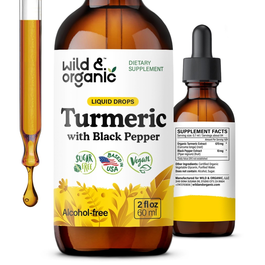Wild & Organic Turmeric Supplement Liquid - Joint Support - Kurkuma mit schwarzem Pfeffer Extrakt - Curcumin Root Drops - Vegan, Zucker & Alkoholfreie Tinktur - 2 fl oz