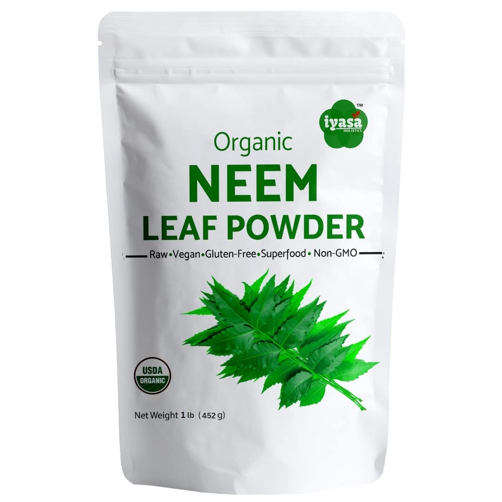 Iyasa Holistics poudre de Neem biologique Ayurveda herbe et super-aliments, soutient la purification du sang et du foie, favorise les cheveux sains et la peau claire, sac refermable de 16 oz/ 453g