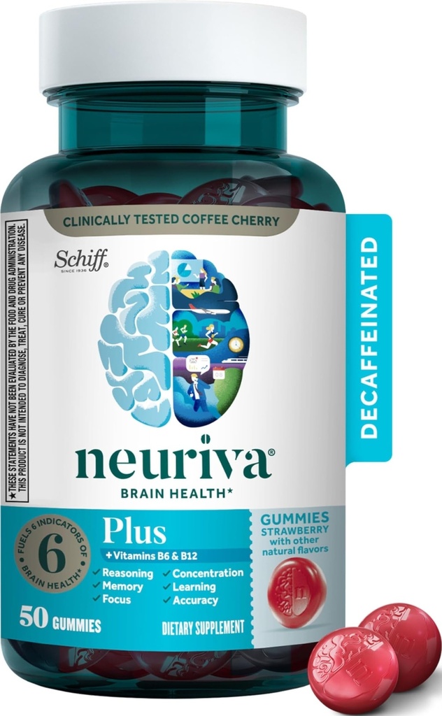 NEURIVA Plus Brain Supplement für Speicher,Focus & Konzentration + Kognitive Funktion mit Vitaminen B6 & B12 und klinisch getestet Nootropics Phosphatidylserine und Neurofactor,50ct Erdbeergummis