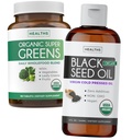 Super Greens & Black Seed Oil (3-Meth Supply) Mélange d'huile à base de plantes de poudre biologique Super Greends - Superfood complet (180 Capsules) & Bio Black Seed Oil Liquide - pressé à froid (8 fl oz)