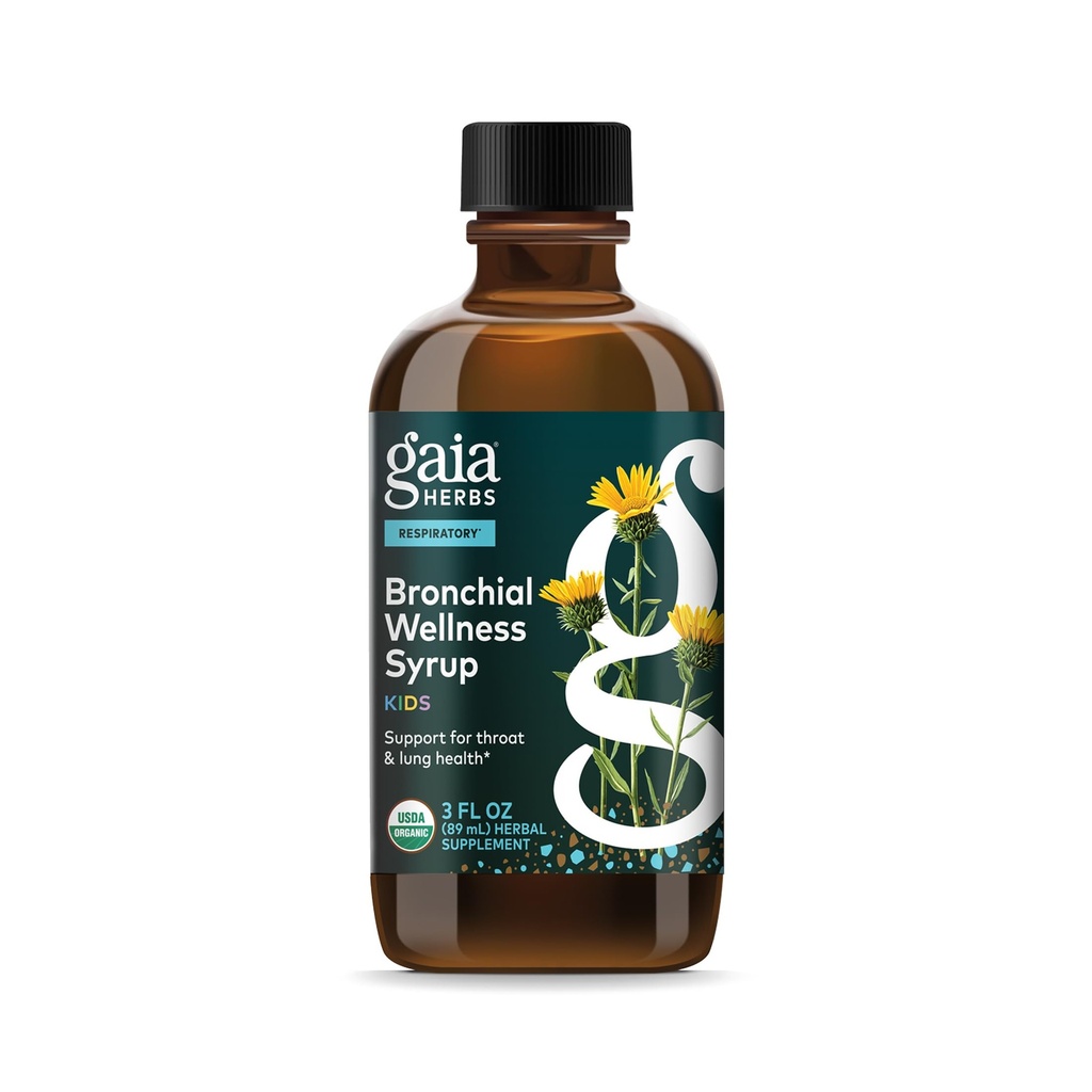 Gaia Herbes Bronchial Wellness Sirup Kids - Supplément de soutien immunitaire - Throat & Lung Health Support* - Formule biologique certifiée avec plantain anglais, Grindelia & Honey - 3 Fl Oz (18 portions)