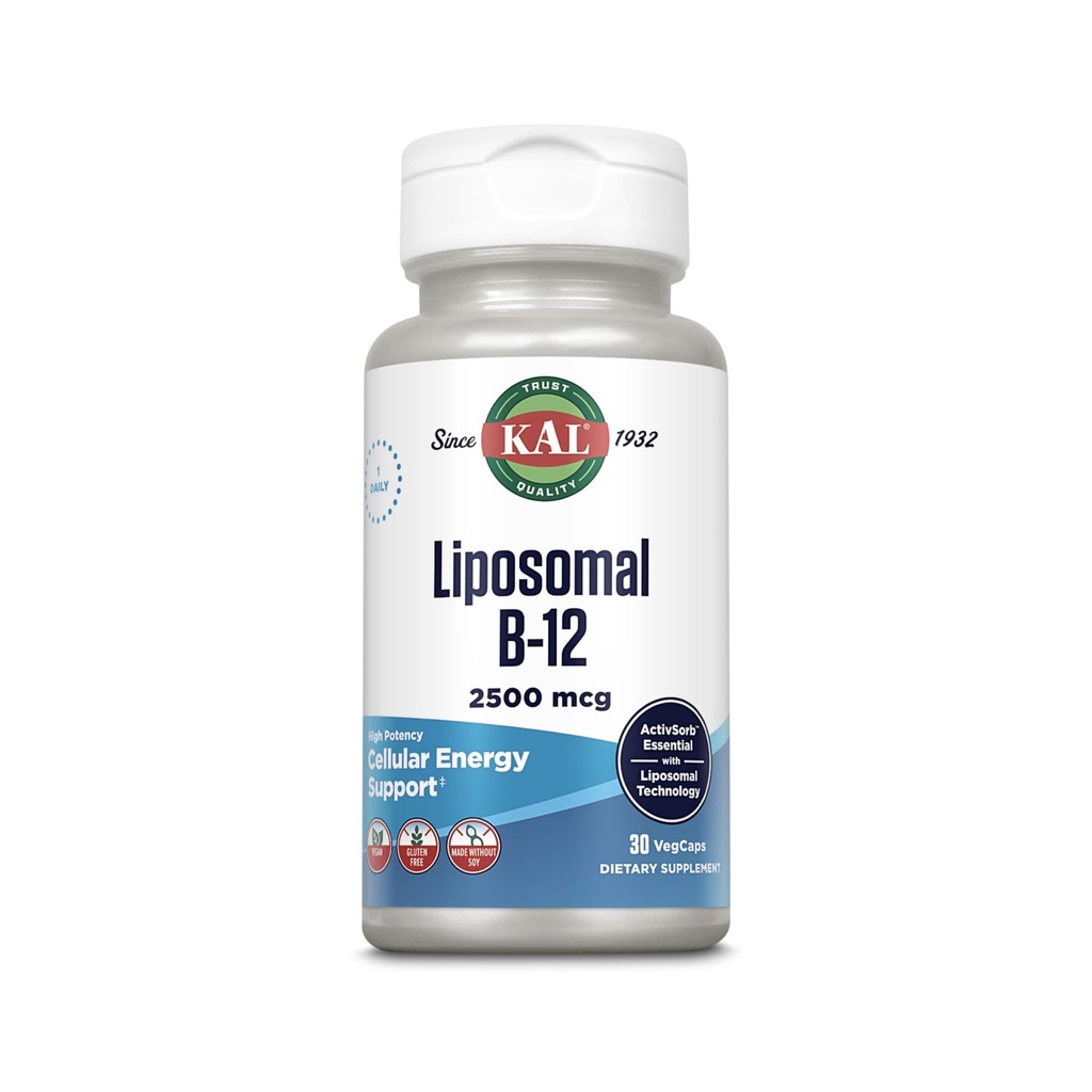 KAL Vitamine liposomique B12 2500 mcg, Haute absorption, Technologie liposomique, Soutien énergétique cellulaire, Capsules végétaliennes, Sans gluten, Fabriqué sans soja, 30 portions