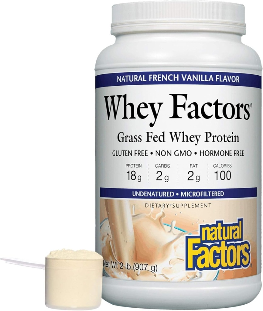 Fattori di siero di fattori naturali, concentrato di proteine del siero di erba, aiuta lo sviluppo del muscolo e la salute immunitaria, Vaniglia francese, 2 lb