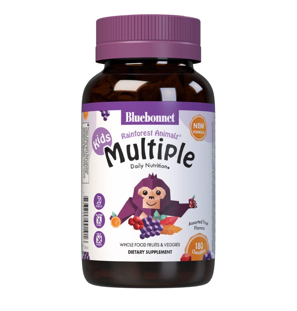 Bluebonnet Nutrition Rainforest Animalz Whole Food Based Multiple Chewable Tablet, Kinder Multivitamin & Mineral, Vitamin C, D3, Eisen, Glutenfrei, Milchfrei, Kosher, 180 Kautabletten, Gemischte Geschmack