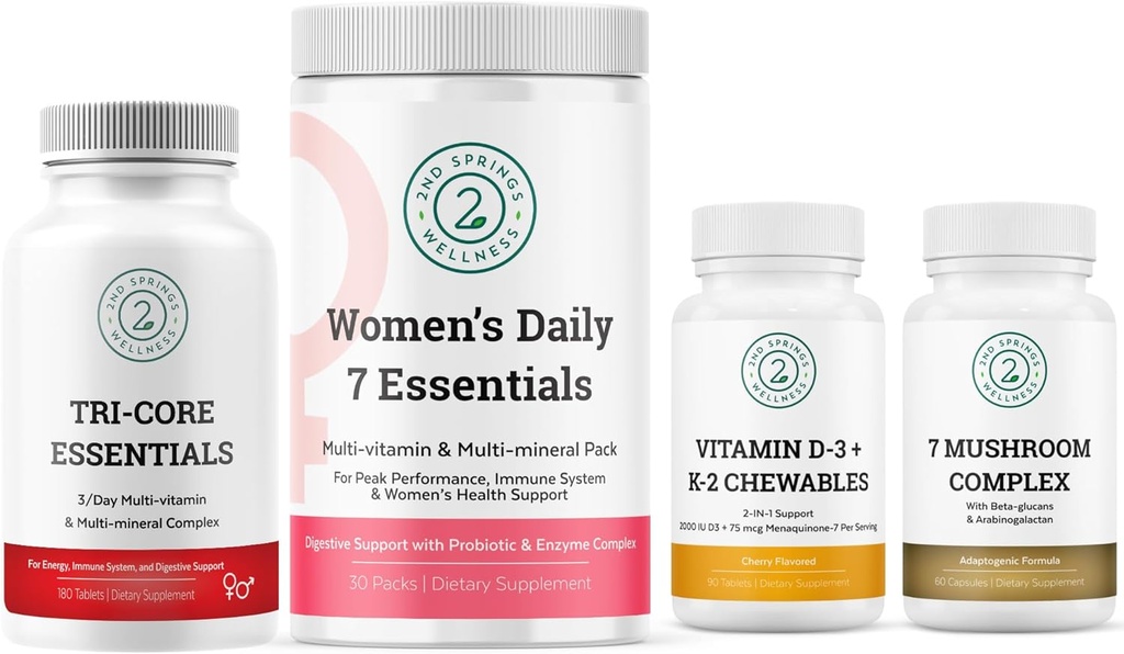Tri-Core Essentials + Women's Daily 7 Essentials + 7 Organic Mushroom Complex + Vitamina D3+K2 Bundle
