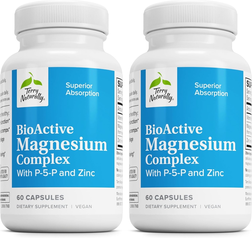 Terry Naturally BioActive Magnesium Complex - Knochen & Herz-Gesundheit Unterstützung - Ergänzung mit Vitamin B6, Zink & Magnesium - Pyridoxal-5-Phosphate Vegan Kapsel Supplement - 60 Kapseln (Pack von 2)