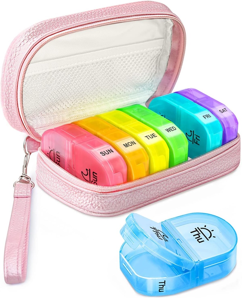 Cute Pill Organizer 2 volte al giorno, Custodia in pelle PU per le donne, Portatile scatola di pillole settimanale per borsa con borsa di stoccaggio per tenere vitamine, farmaci, oli di pesce, integratori (Pink)