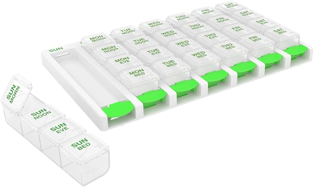 EZY DOSE Settimanale (7 giorno) 4 volte al giorno Push Button Pill Organizer e Vitamin Planner, Rimovibili Daily Pillboxs, Verde, Comodo e facile da usare, Chiaro Lids, Large, BPA Free