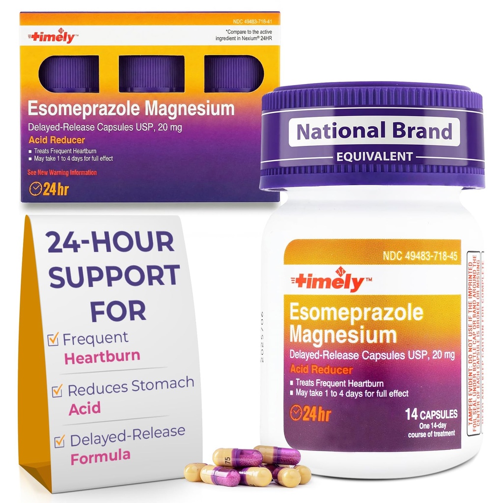 Timely Esomeprazole Magnésium 20mg pilules antiacides - Réducteur d'acide stomach, remède de soulagement des brûlures d'estomac et de reflux acide fréquent - 24 heures Esomeprazole Capsules de libération retardée - 42 Compte
