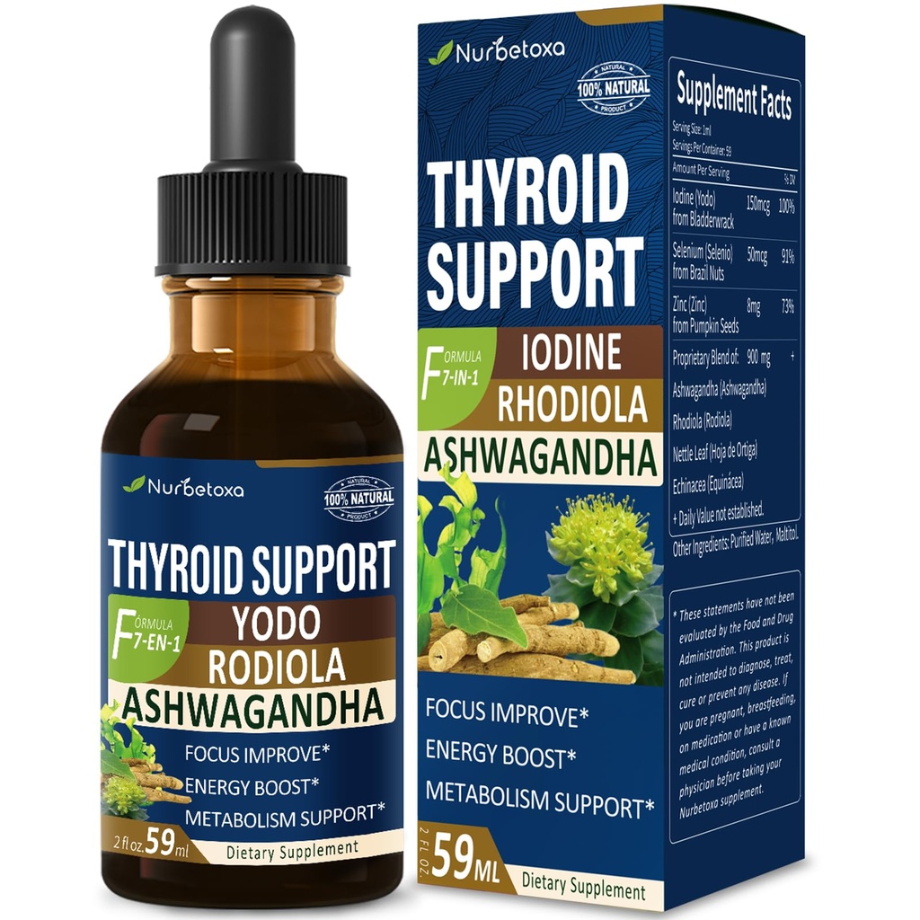 Gocce di sostegno della tiroide - Supplemento di iodio liquido, Gotas de YODO y Selenio para Tiroides, Con Rodiola Semenovii y Ortiga, Combatti la nebbia del cervello w/Ashwagandha & Rhodiola estratto Tincture.2 oz