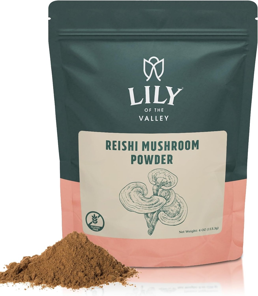 Lily of the Valley Reishi Poudre de champignons - Idéal pour le café, le smoothie et les shakes - Champignons adaptogènes - Vegan & sans gluten - emballé dans une poche refermable (4oz, 113g)